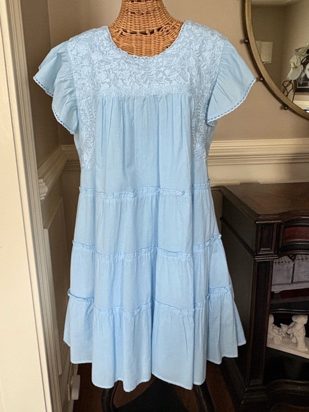 Embroidered Light Blue Tiered Mini Dress